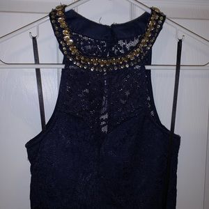 Navy blue two piece dress with high top with gems